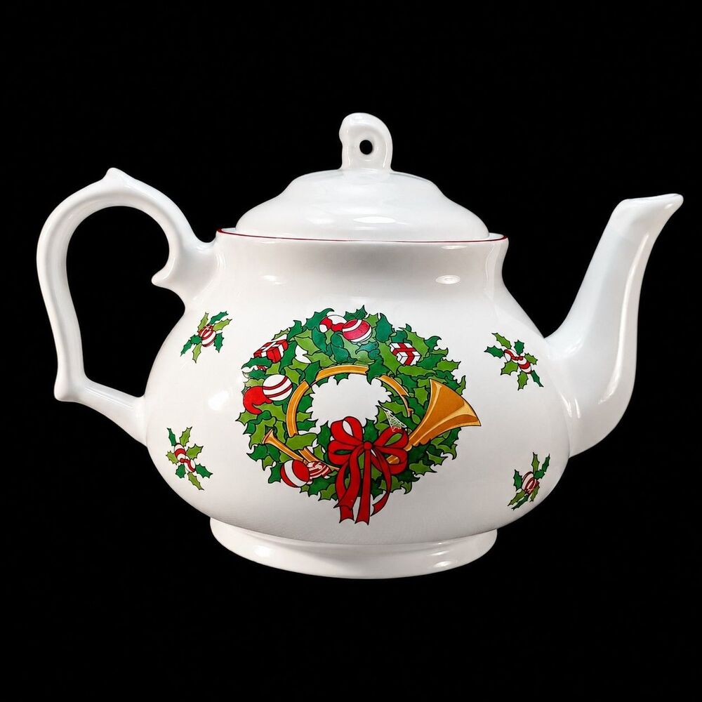 Vintage Christmas Holiday White Ceramic Teapot with Lid, Candy Canes French Horn